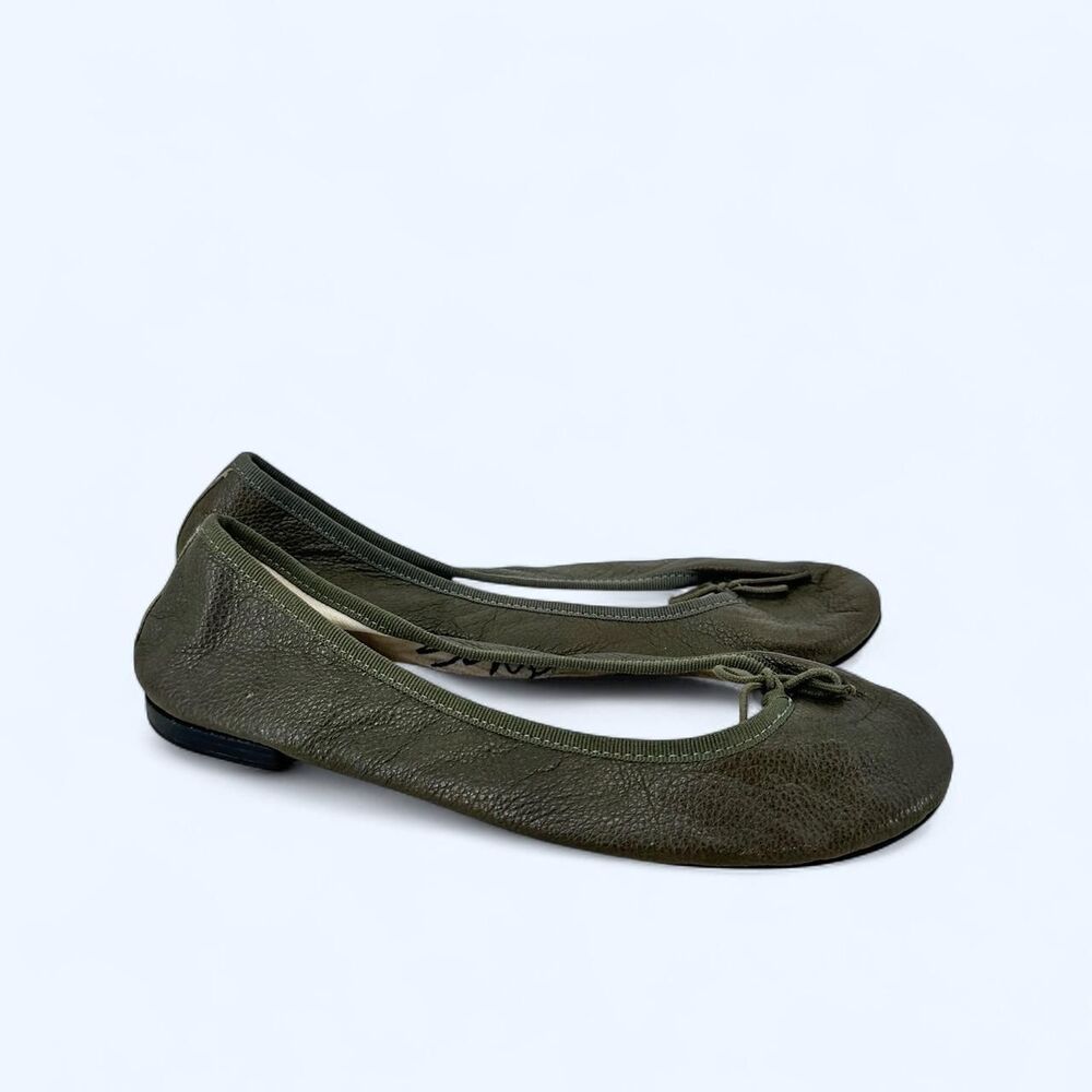 Olive Green Grained Crinkled Leather Ballet Flats